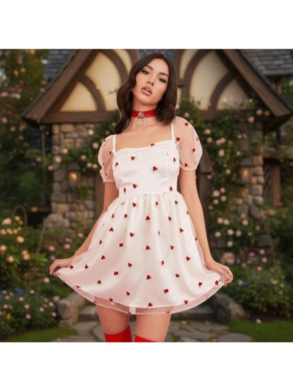 Sugar Thrillz Forever Yours Babydoll Dress White Mesh Red Roses Floral M